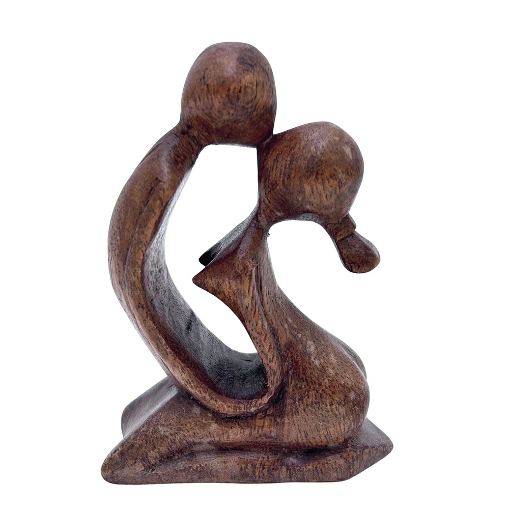 Abstract Hand Carved Wood Couple Statue Romantic Embracing Figurine Brown Decor